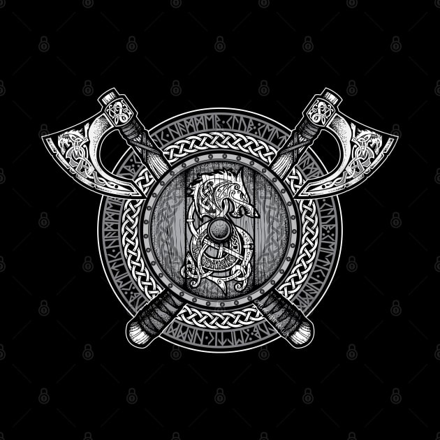 Fenrir Viking Shield (Grayscale) by celtichammerclub