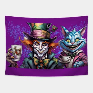 Mad Hatter and Cheshire Cat drink tea Tapestry