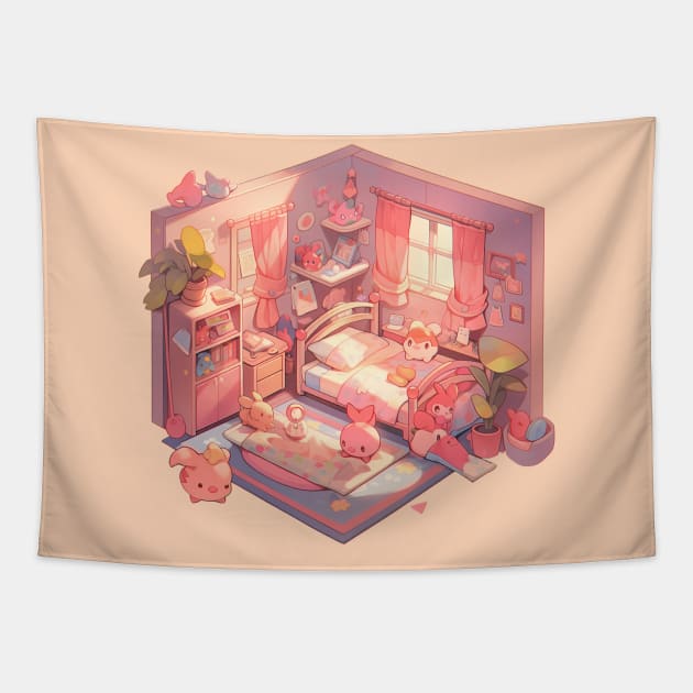 Kawaii Cubicle: Isometric Delight in Tiny Adorable Room | Pocket Room Tapestry by TeeTopiaNovelty