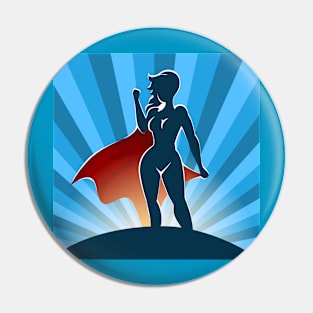 Female Superhero Standing on Blue Burst background Pin