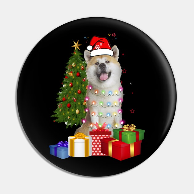 Akita Christmas Tree Santa Hat Funny Xmas Gift Dog T-Shirt Pin by CoolTees