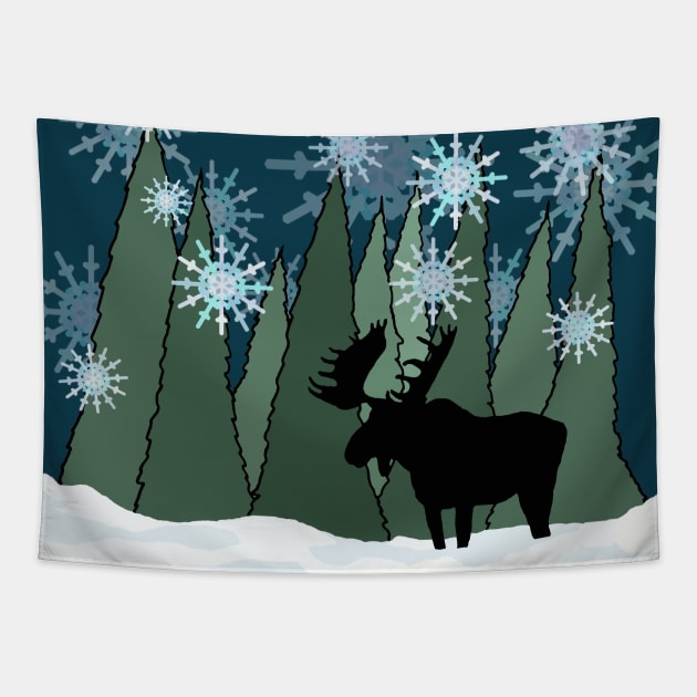 Moose in Silent Snowy Forest Tapestry by MelissaJBarrett