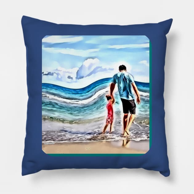 Father and child beach passive income make money Pillow by Lebihanto