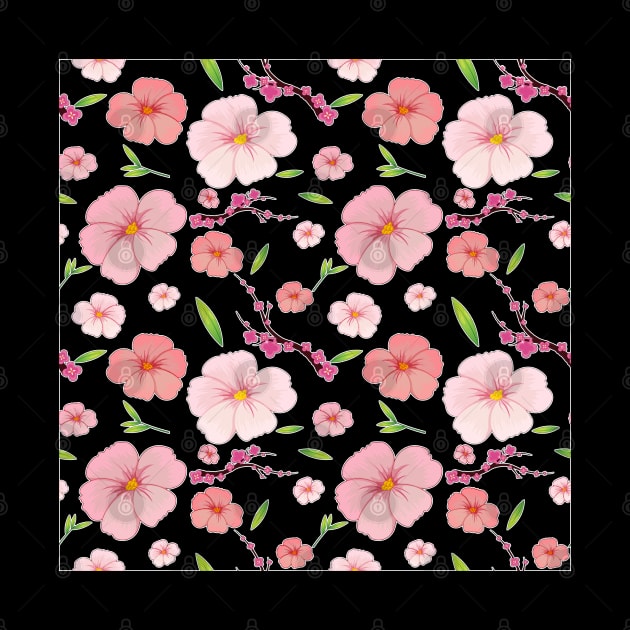 Pink Hibiscus and Sakura Black Background by Isdinval