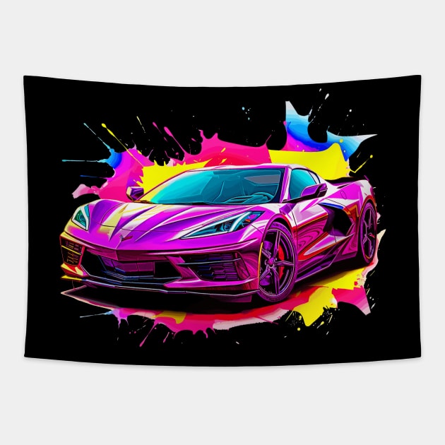 Pink C8 Corvette racecar Splatter Art Supercar Sports car Racing car Tapestry by Tees 4 Thee