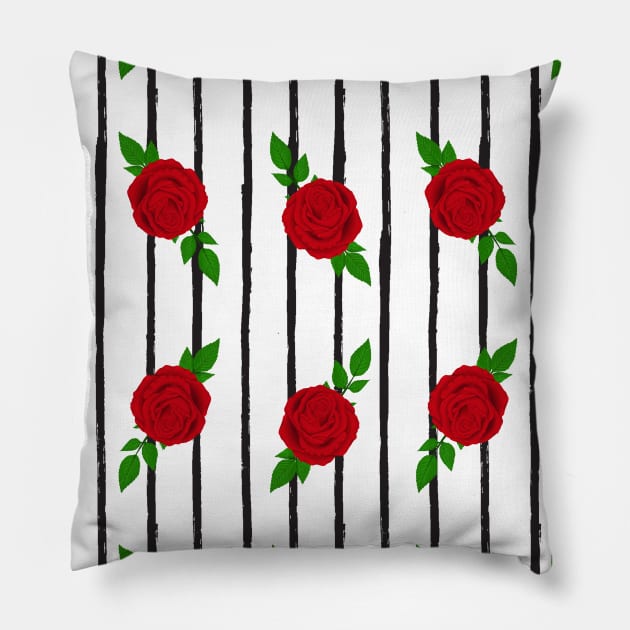 Red Roses with Black Vertical Lines Pillow by GraphiscbyNel