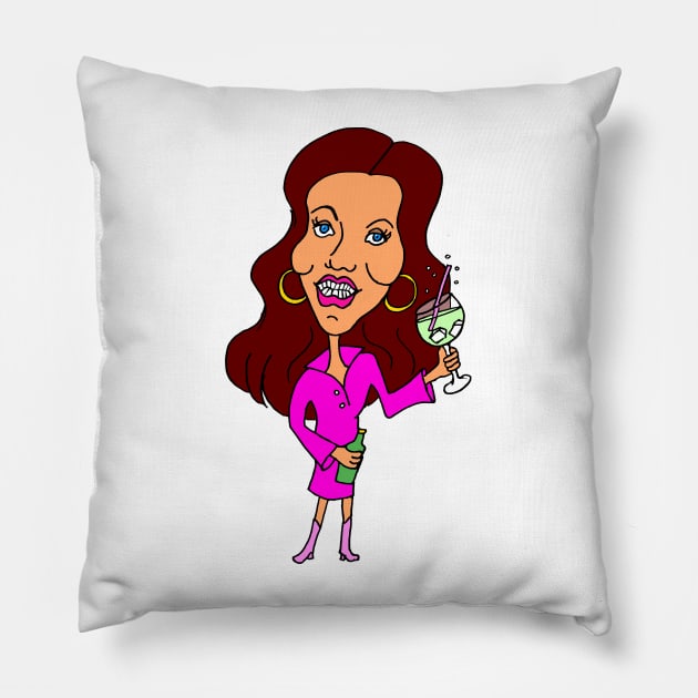 Funny Cartoon Brunette Woman Drinking Gin Pillow by Michelle Le Grand