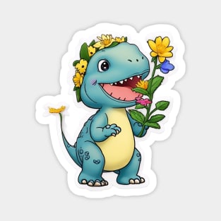 A Cute and  Happy Dinosaur with Flower Sticker Magnet