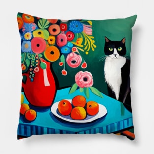 Tuxedo Cat with Fruit and Flowers Still Life Painting Pillow