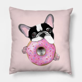 French bulldog lovers, sweet frenchie black and white with pink donuts Pillow