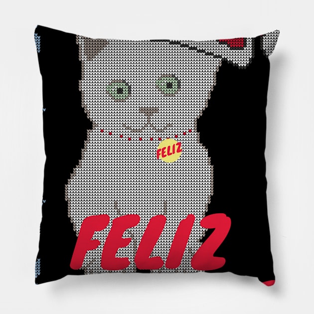 Feliz Navidad Cat, Feliz Navicat! Cute Cat Ugly Christmas Sweater Design Pillow by YourGoods