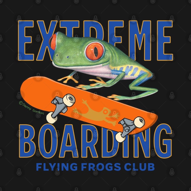 Funny and cute flying through the air riding a skateboard Red eyed tree frog having fun by Danny Gordon Art