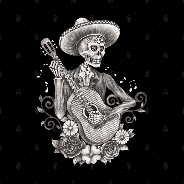 Mariachi skeleton playing guitar day of the dead. by Jiewsurreal