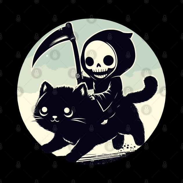 Kawaii Grim Reaper Riding on Black Cat by TomFrontierArt