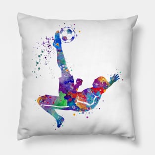 Boy Soccer Player Bicycle Kick Watercolor Painting Pillow