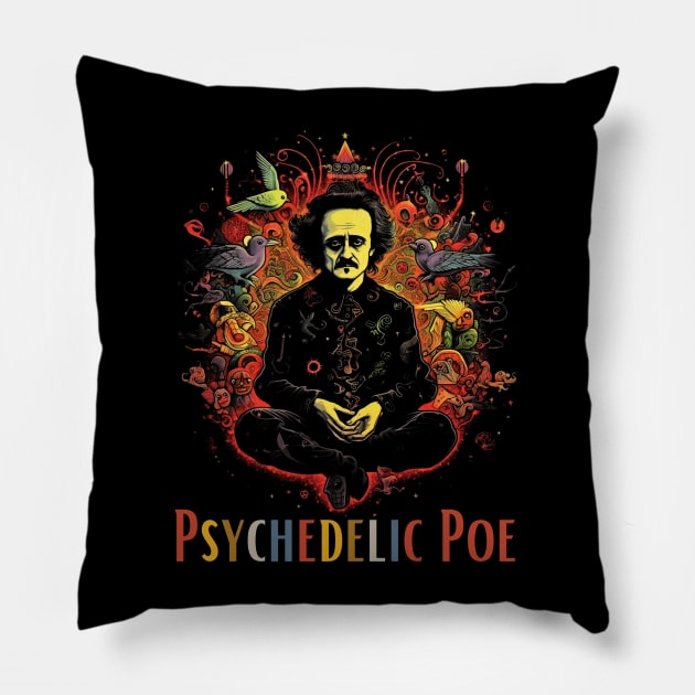 Funny Psychedelic Edgar Allen Poe Pillow by Celebrity Zen