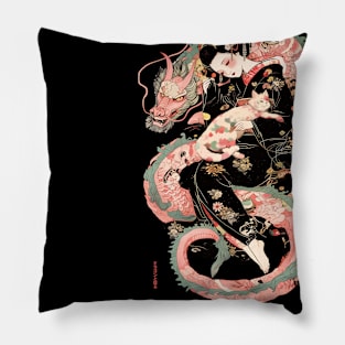 Japanese Girl With Dragon and Cats 2 T-Shirt 11 Pillow