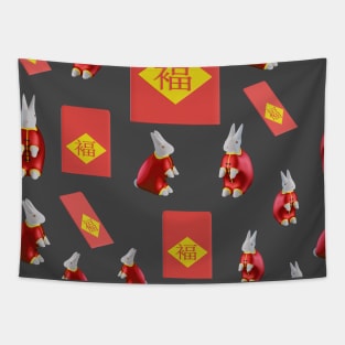 3d rendered rabbit wearing red cheongsam and red angpao envelope seamless pattern perfect for background or wallpaper. Translation : Happiness Tapestry