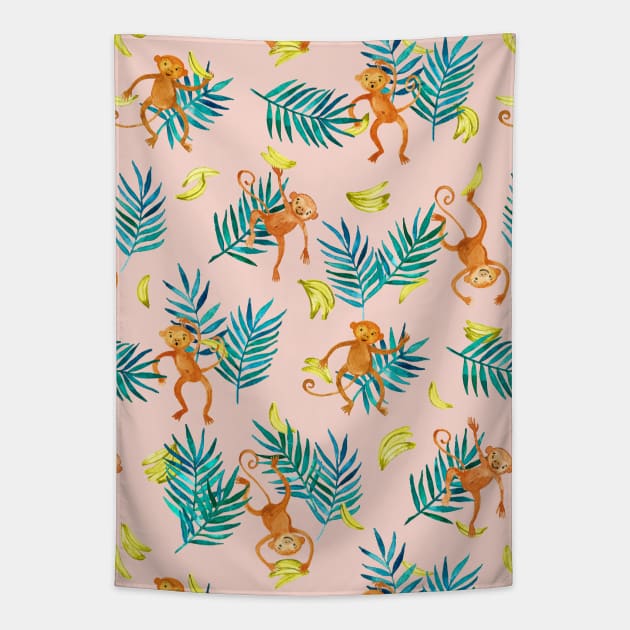 Tropical Monkey Banana Bonanza on Blush Pink Tapestry by micklyn