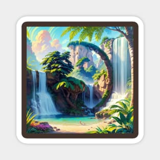 Verdant Jungle Waterfall Illustration with a Hidden Cat Outline Magnet