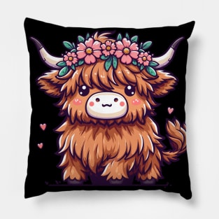 Kawaii scottish highland cow with flower crown Pillow