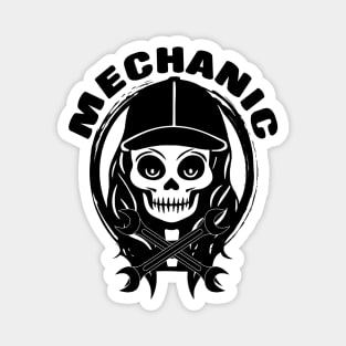 Female Mechanic Skull and Spanners Black Logo Magnet