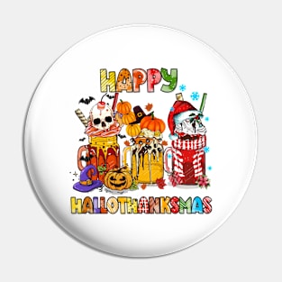 Coffee Halloween Thanksgiving Christmas Happy Hallothanksmas T-Shirt Pin