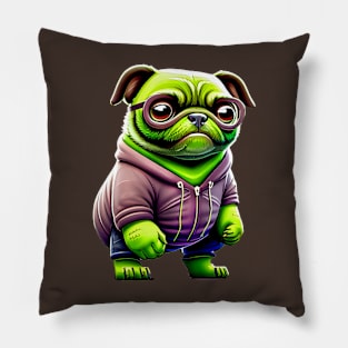 Green Pug in Muscular Costume - Adorable, Angry and Grumpy Dog Outfit Pillow