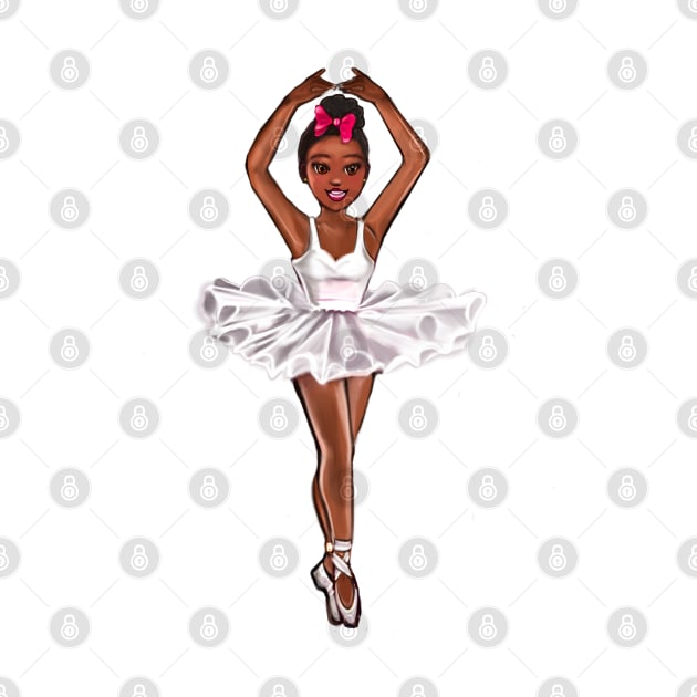 African American ballerina in white tutu and pink bow - brown skin ballerina by Artonmytee