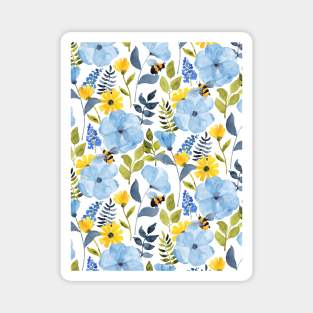 Bright Blue Blooms and Bees Magnet