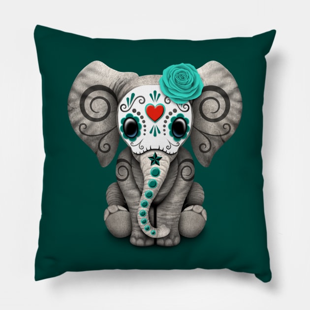 Teal Blue Day of the Dead Sugar Skull Baby Elephant Pillow by jeffbartels