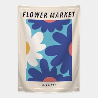 Flower market, Helsinki, Colorful retro print, Indie decor, Cottagecore, Posters aesthetic, Abstract blue flowers Tapestry