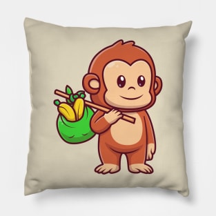 Cute Monkey Bring Banana With Bag Cartoon Pillow