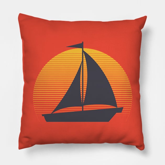 Retro Vintage Sunset With A Sailboat Pillow by ChristianShirtsStudios