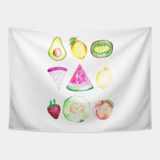 Watercolor Fruits Pattern on Black Tapestry