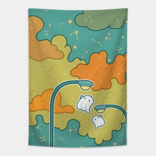 Two little ghosts play with street lights Tapestry