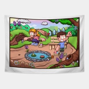 Kids Doing An Easter Egg Hunt Tapestry