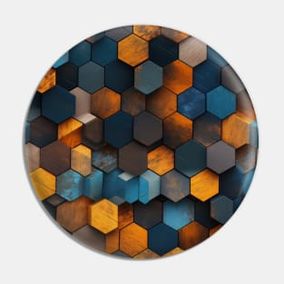 Geometric Timber: Crystalline Hexagons in Amber and Blue Pin