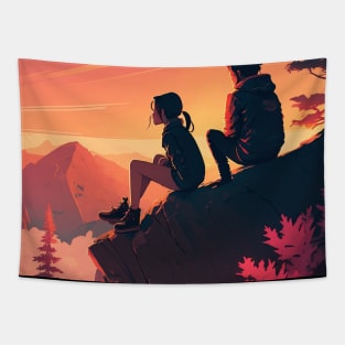 Mountain Hiking Sunset, Adventure Travel Couples Tapestry