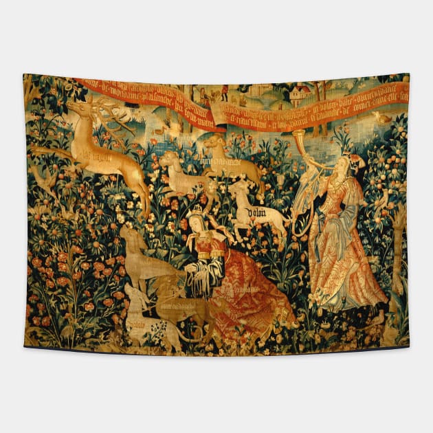 MEDIEVAL DEER HUNTING SCENE WITH LADIES AND DOGS Antique Flemish Tapestry Tapestry by BulganLumini
