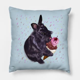 bunny rabbit sprinkles! cute  ebony colored coloured lionhead bunny rabbit  licking a three scoop icecream Pillow