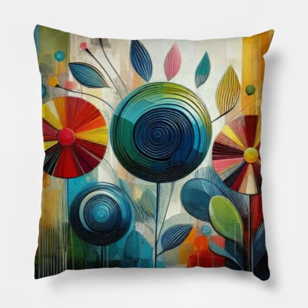 Abstract Blue Red Yellow Flower Pillow by Siha Arts