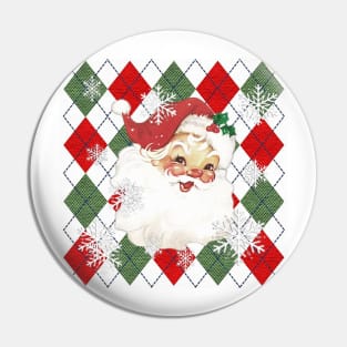 CHRISTMAS VINTAGE LOOK SANTA CLAUS Graphic Design on background of Red & Green Plaid with Snowflakes: Available on many products such as bedding, pillows, apparel, clocks, mugs, travel mugs Pin