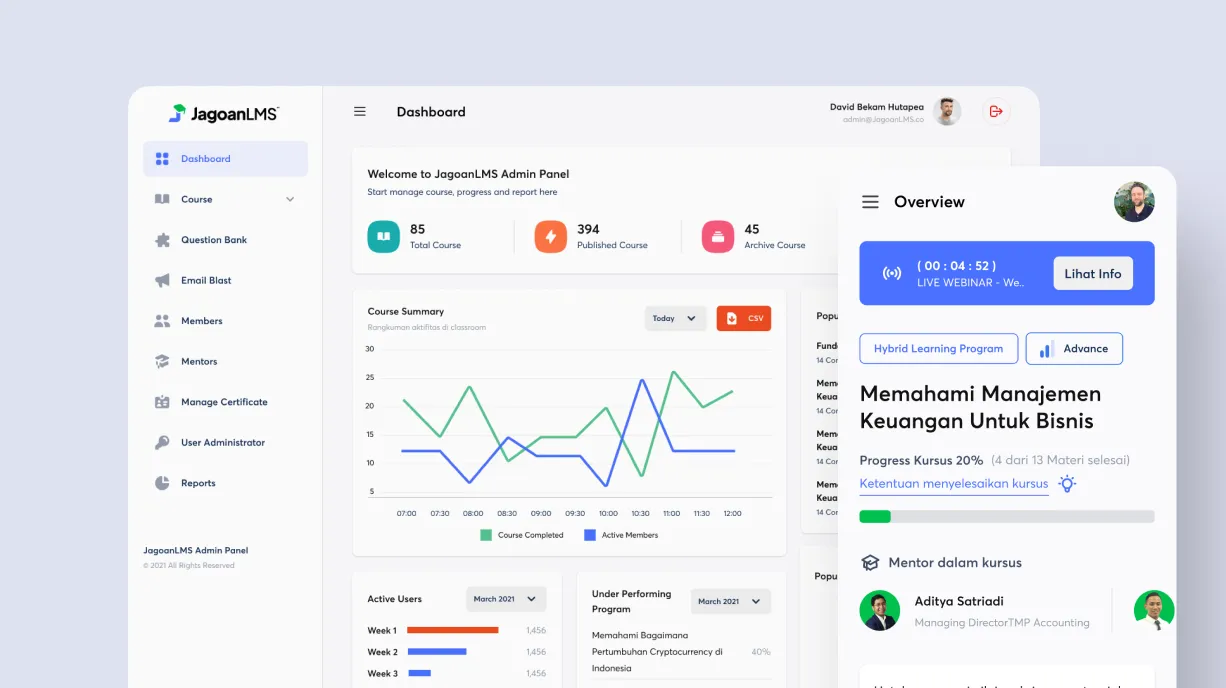 An all-in-one online digital learning platform supporting various content types, including articles, images, audio, video, quizzes, and surveys.