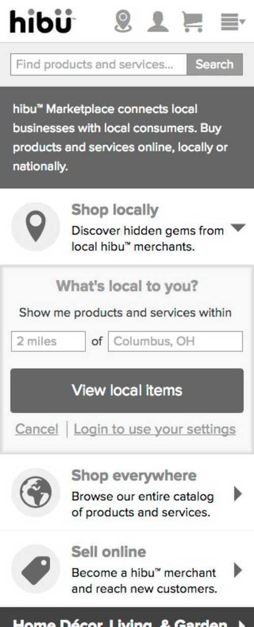 A screen cap of the hibu Marketplace responsive redesign mobile home page prototype