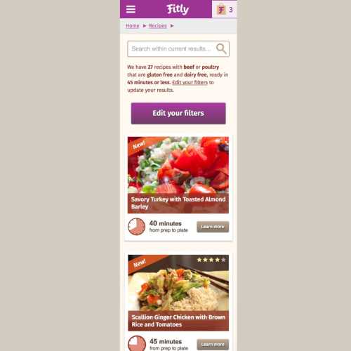 Fitly recipe search page (mobile)