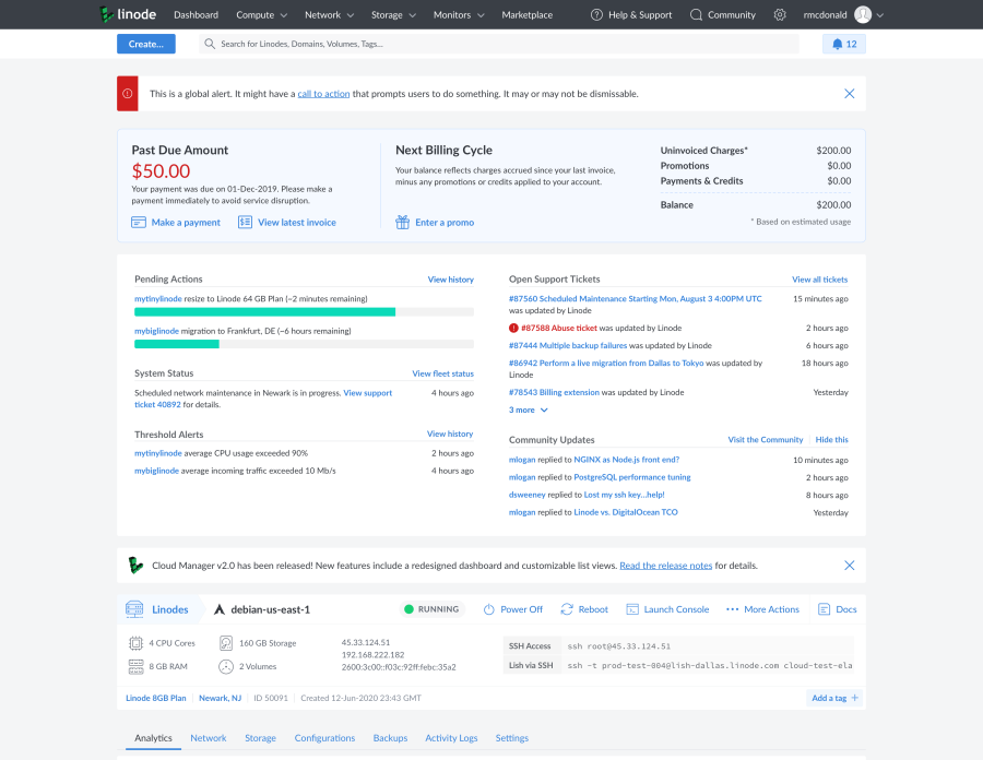 Cloud Manager dashboard with status