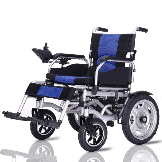 Blue motorised wheelchair