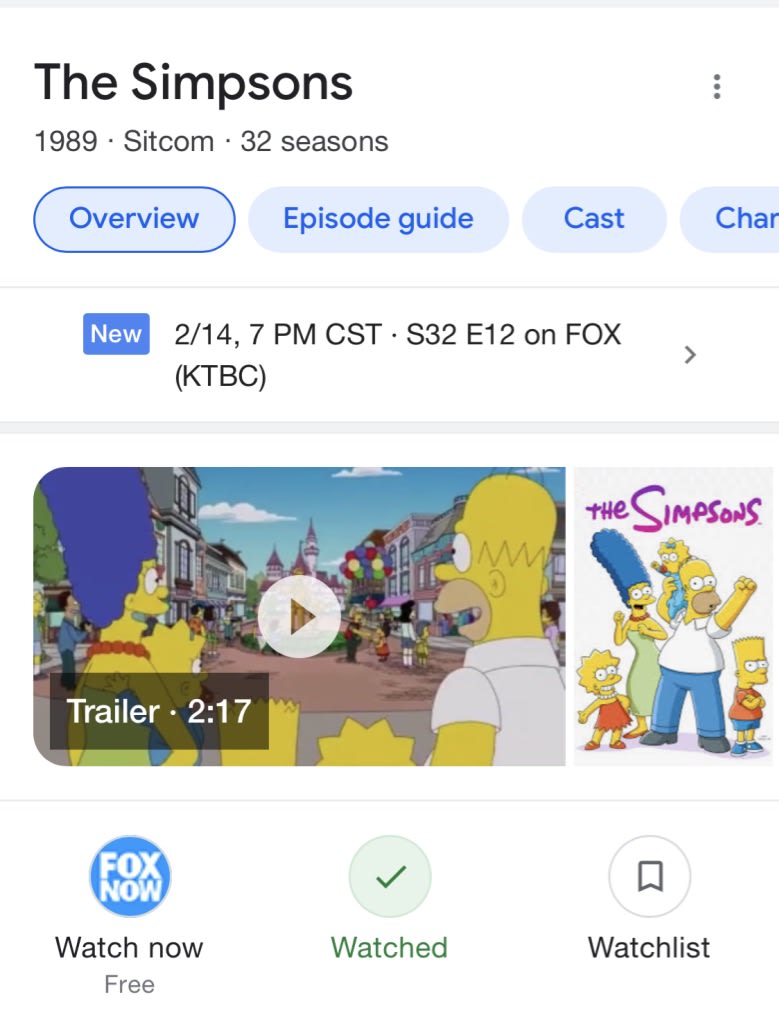 zoomed in example of what media actions one box / rich results look like on google for watch now buttons and trailers
