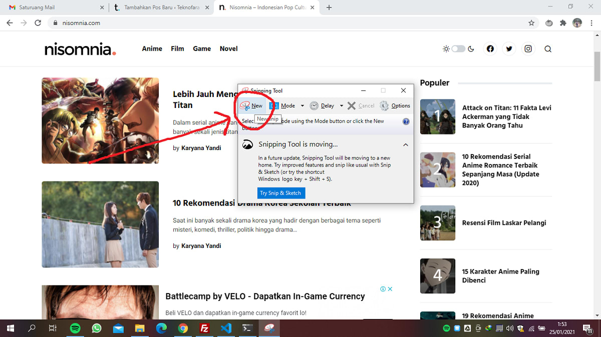 Cara Screenshot di PC dan Laptop menggunakan Snipping Tool 2